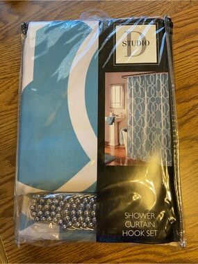 Studio Teal and White Geometric Shower Curtain with Hooks